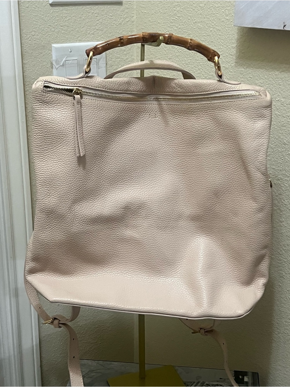 Women's Beige/Pink Leather Backpack with Bamboo Handle has initials JLL in gold!